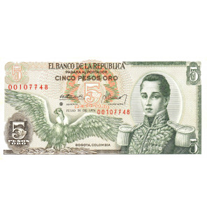 Colombia 5 Pesos Oro 1974...