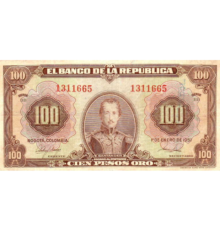 colombia-100-pesos-oro-1951-pick-394c-no-unc