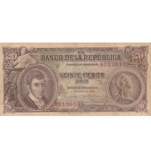 Colombia 20 Pesos 1965 NO UNC