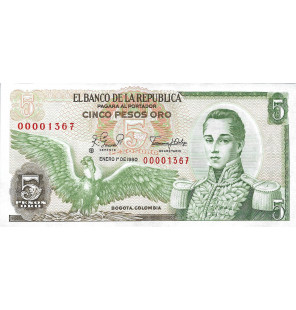 Colombia 5 Pesos Oro 1980...
