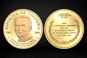 50,000 peso gold coin, commemorating the first centenary of the birth of Dr. Mariano Ospina Pérez