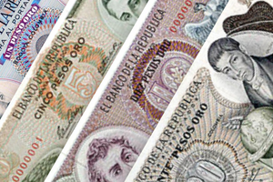 Colombia's first banknotes - $1, $5, $10, and $20