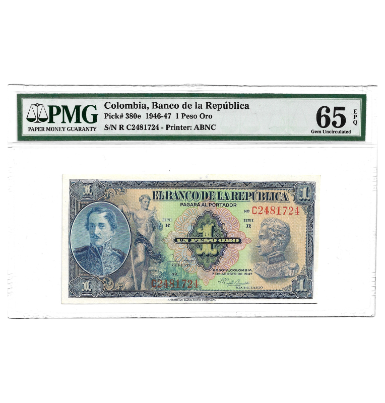 Colombia 1 Peso Oro 1947 Certificado 65EPQ