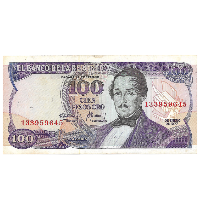 Colombia 100 Pesos Oro 1977 NO UNC. 9 Dígitos