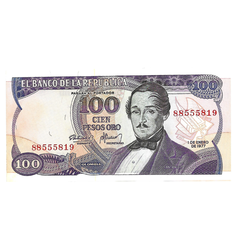 Colombia 100 Pesos Oro 1977 NO UNC. 8 Dígitos