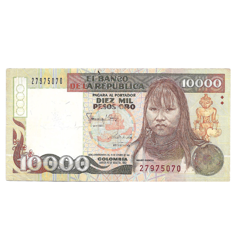 Colombia 10.000 Pesos Oro 1992. NO UNC (Embera)