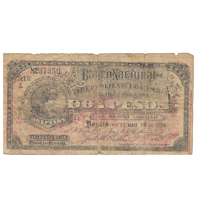 Colombia 2 Pesos O ctubre 28 de 1899 NO UNC