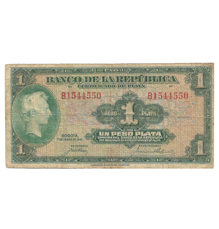 Colombia 1 Peso Plata 1 Enero 1941. NO UNC