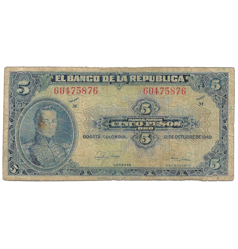 Colombia 5 Pesos Oro 1949 NO UNC