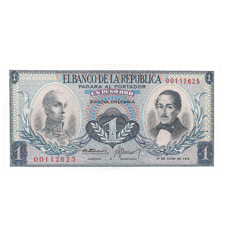 Colombia 1 Peso Oro 2 Julio 1972.(Reposición) Tiene manchas pequeñas