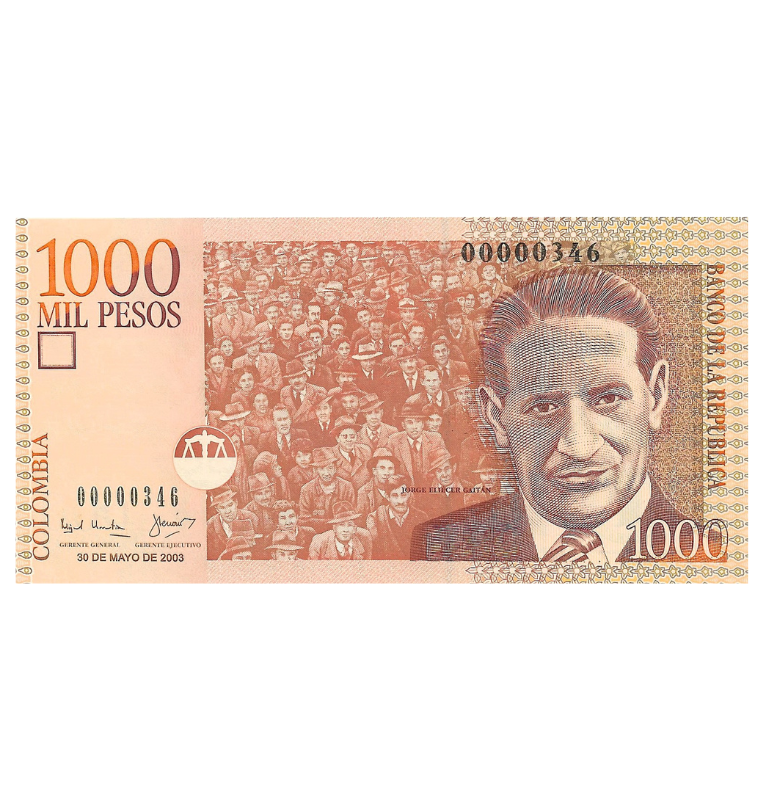 Colombia 1.000 Pesos 2003 Número bajo 3 dígitos  #346 (Formato grande)