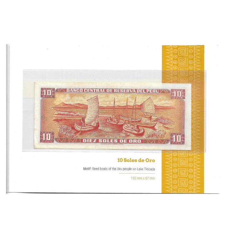 Perú folleto Lake Titicaca incluye moneda de 1 Sol y billete 10 Soles de Oro