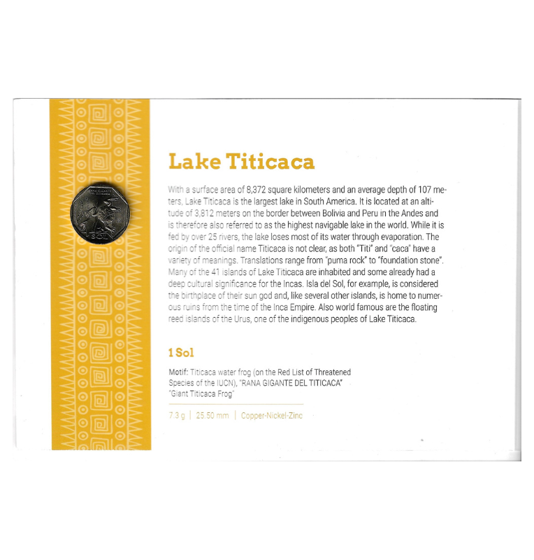 Perú folleto Lake Titicaca incluye moneda de 1 Sol y billete 10 Soles de Oro