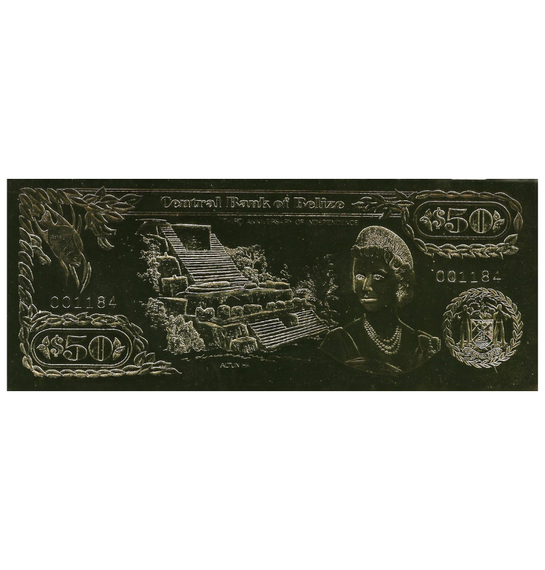 Belice 50 Dólares 1984 ND (Laminados en Oro) Serial 3 dígitos