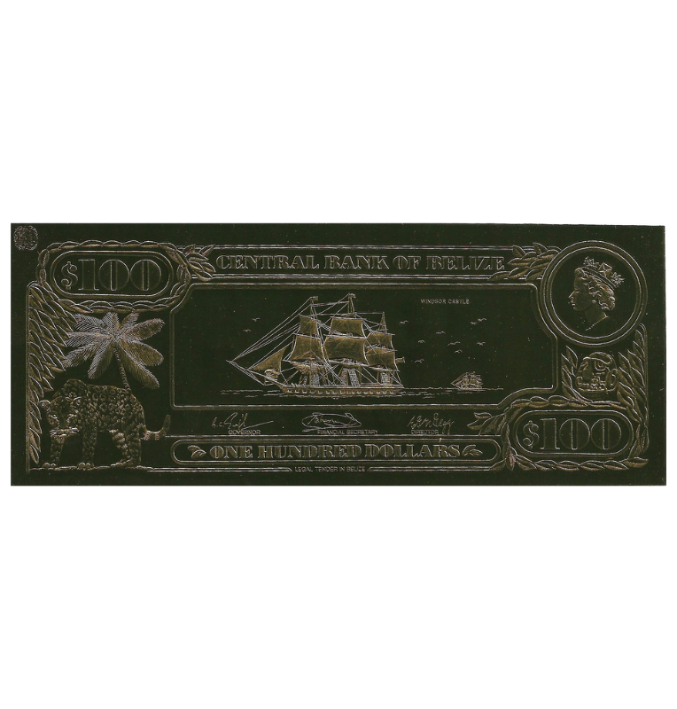 Belice 100 Dólares 1984 ND (Laminados en Oro) Serial 3 dígitos