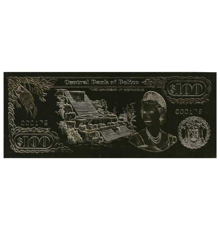 Belice 100 Dólares 1984 ND (Laminados en Oro) Serial 3 dígitos
