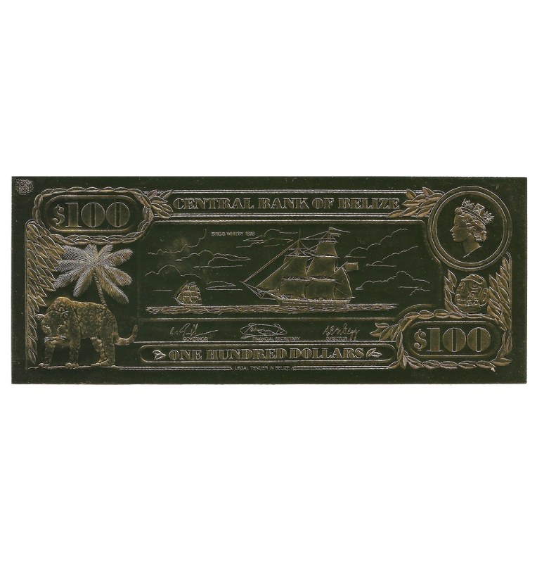 Belice 100 Dólares 1984 ND (Laminados en Oro) Serial 4 dígitos