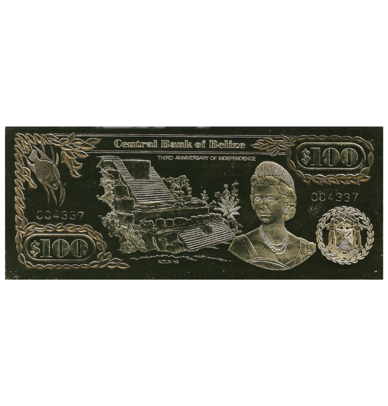Belice 100 Dólares 1984 ND (Laminados en Oro) Serial 4 dígitos