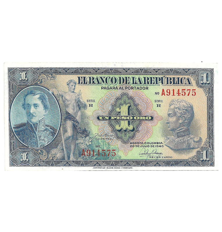 Colombia 1 Peso Oro 1946 20 Julio. Dígitos 6. NO UNC
