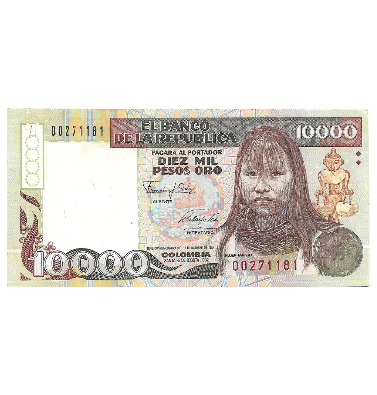 Colombia 10.000 Pesos Oro 1992 Embera. NO UNC. Tiene pinholes