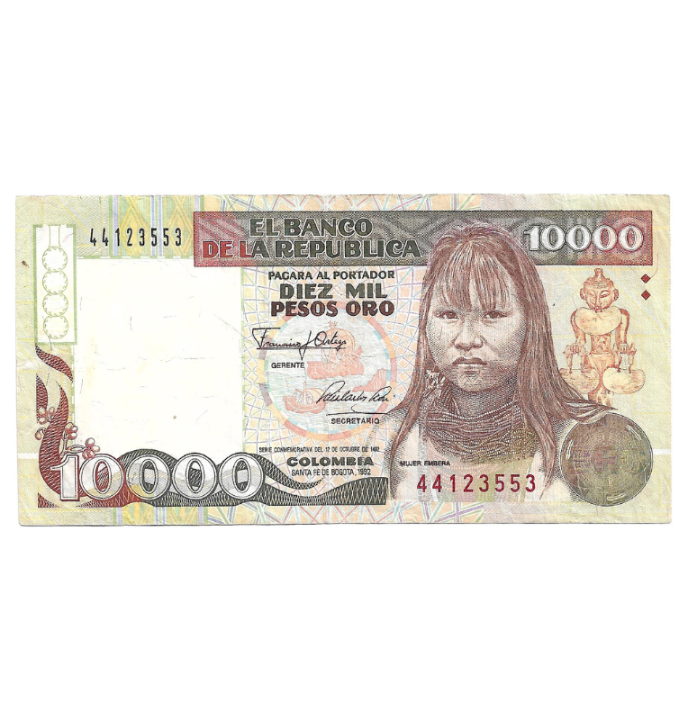 Colombia 10.000 Pesos Oro 1992 Embera. NO UNC.