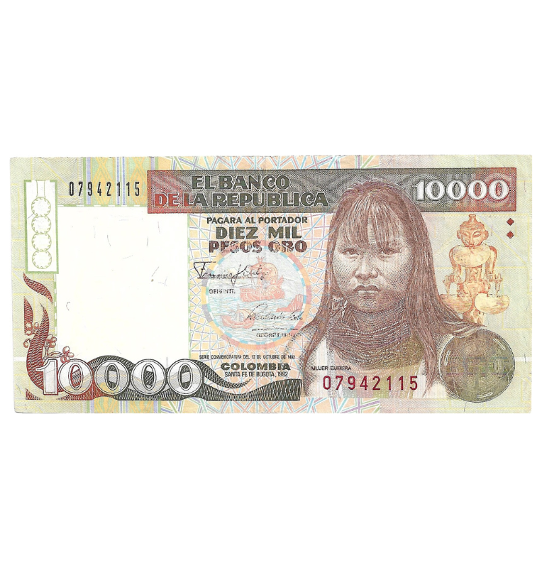 Colombia 10.000 Pesos Oro 1992 Embera. NO UNC. Tiene pinholes