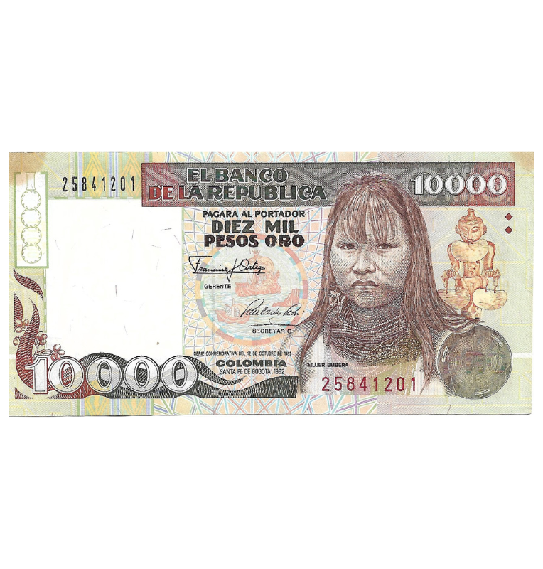 Colombia 10.000 Pesos Oro 1992 Embera. NO UNC.