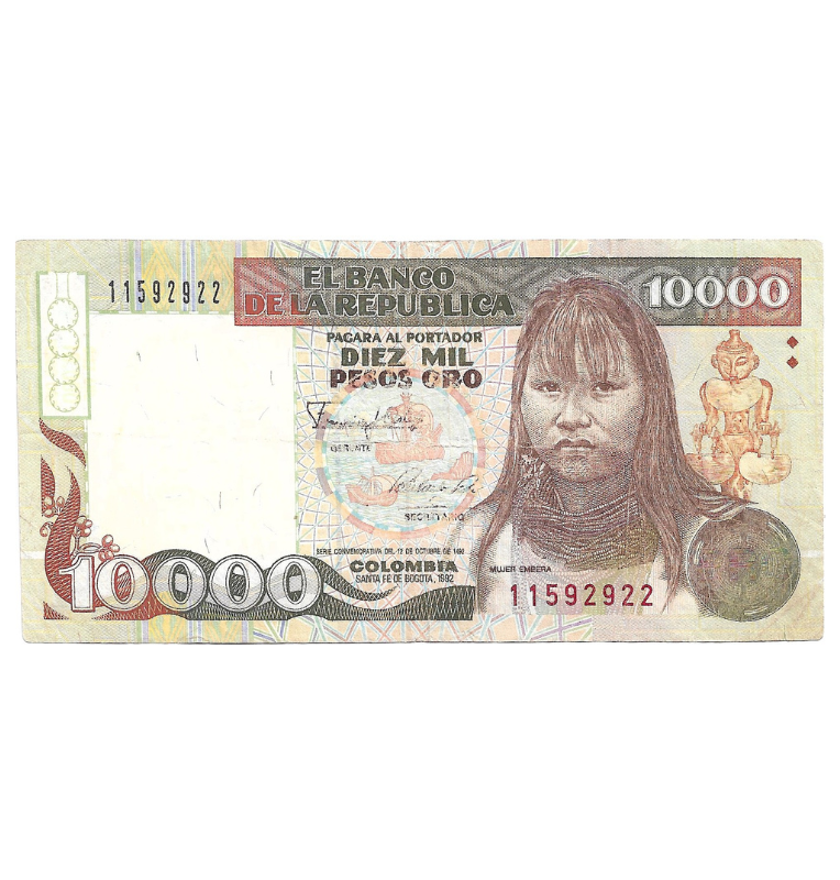 Colombia 10.000 Pesos Oro 1992 Embera. NO UNC.