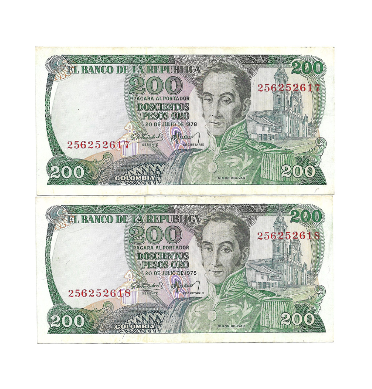 Colombia 200 Pesos Oro 1978 Consecutivos. NO UNC