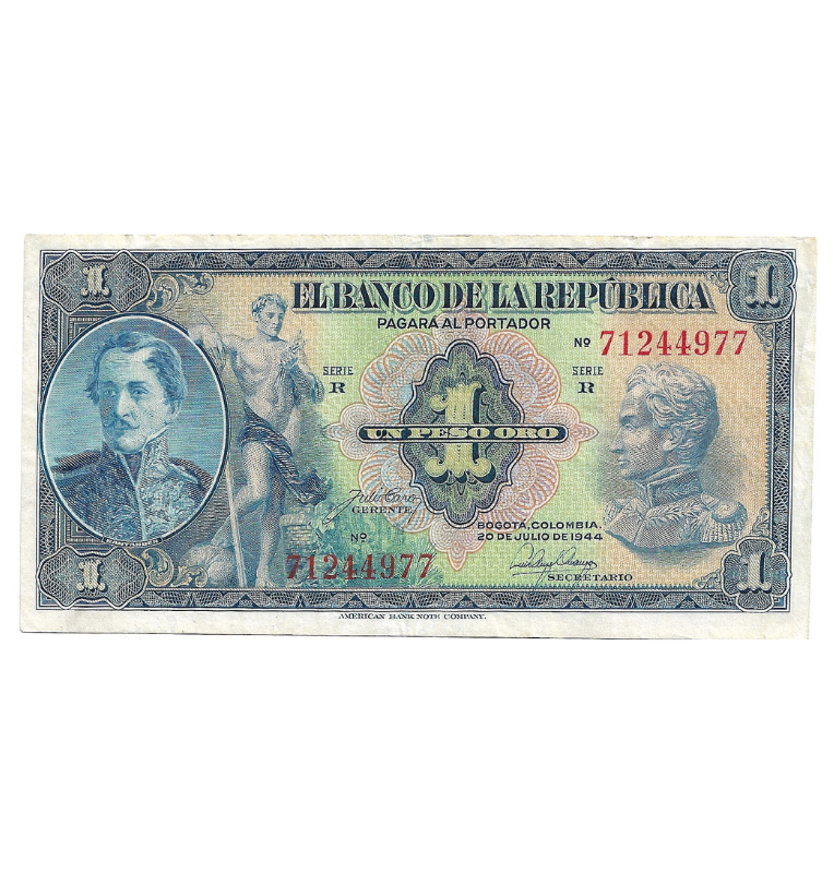 Colombia 1 Peso Oro 1944 20 Julio. NO UNC