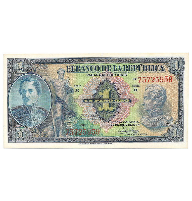 Colombia 1 Peso Oro 1944 20 Julio. NO UNC