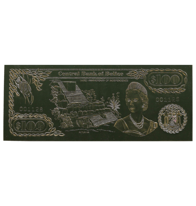 Belice 100 Dólares 1984(Laminados en oro) Serial 4 dígitos