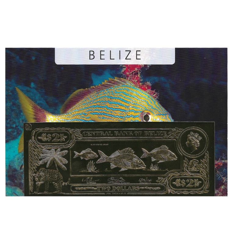 Belice 2 Dólares 1984 ND (Laminados en Oro) Serial 3 dígitos