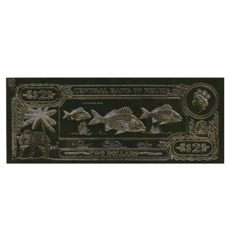 Belice 2 Dólares 1984 ND (Laminados en Oro) Serial 3 dígitos