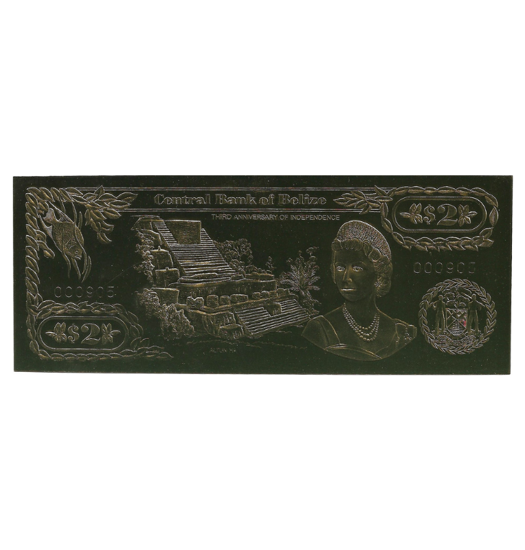 Belice 2 Dólares 1984 ND (Laminados en Oro) Serial 3 dígitos