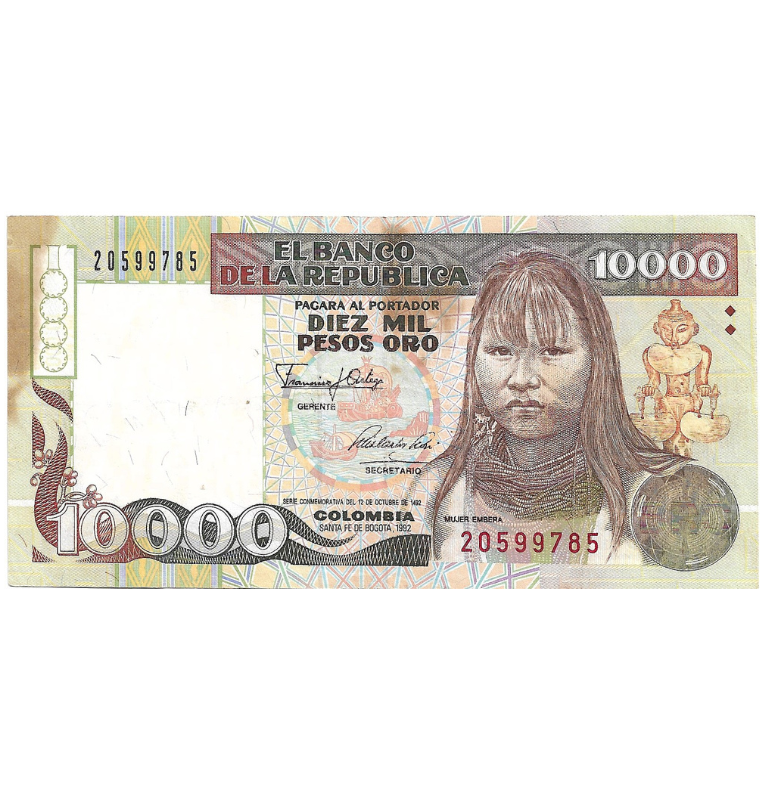 Colombia 10.000 Pesos Oro 1992 Embera. NO UNC. Pinholes