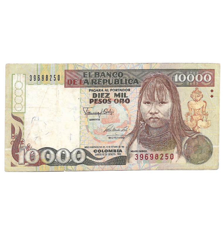Colombia 10.000 Pesos Oro 1992 Embera. NO UNC. Pinholes