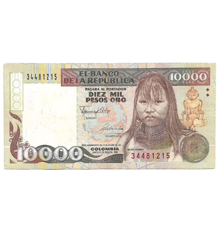 Colombia 10.000 Pesos Oro 1992 Embera. NO UNC. Pinholes