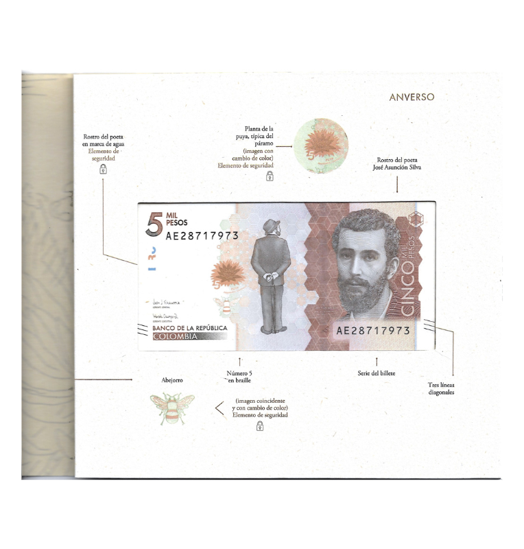 Folleto billete de 5 mil pesos de la familia de billetes colombianos