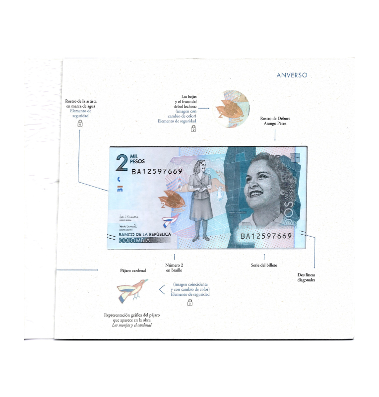 Folleto billete de 2 mil pesos de la familia de billetes colombianos