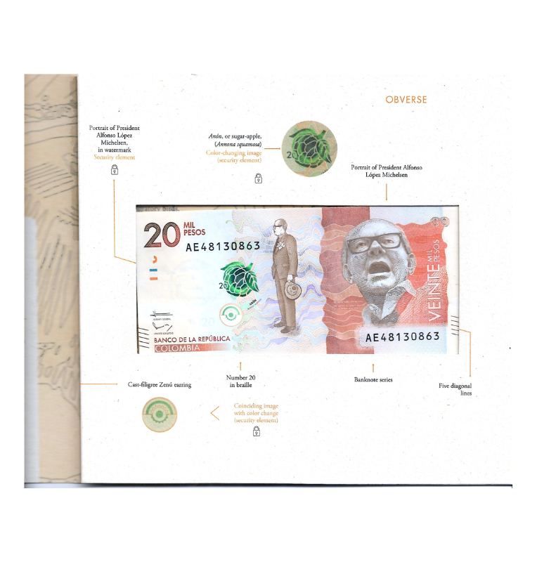 Folleto billete de 20 mil pesos de la familia de billetes colombianos