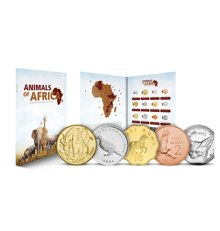 Álbum a color de gran tamaño de fauna africana Un total de 12 monedas con fauna africana