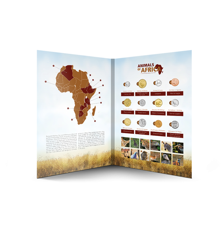 Álbum a color de gran tamaño de fauna africana Un total de 12 monedas con fauna africana