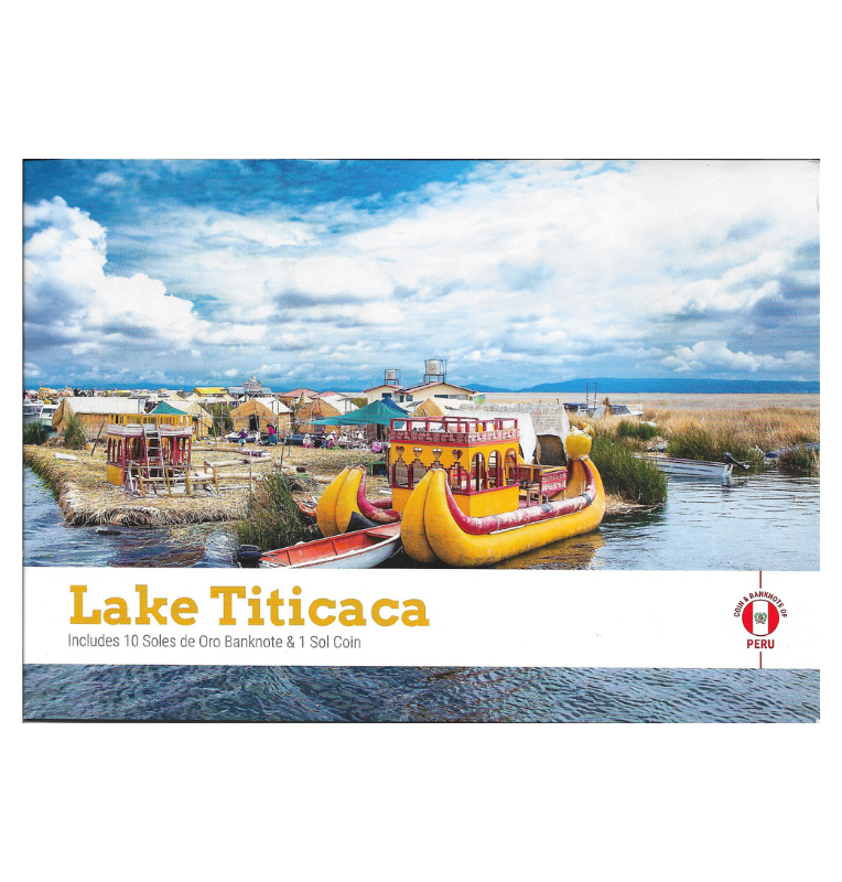 Perú folleto Lake Titicaca incluye moneda de 1 Sol y billete 10 Soles de Oro