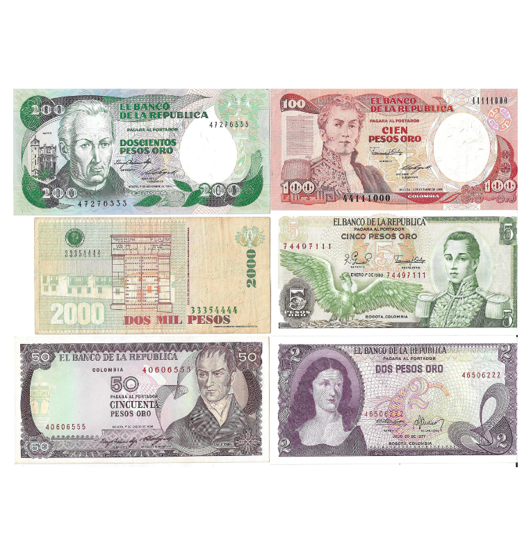 Colombia Set de 10 Billetes (Diferentes estados) (Billete de 10 pesos falso) (Serial Colas Consecutivas)