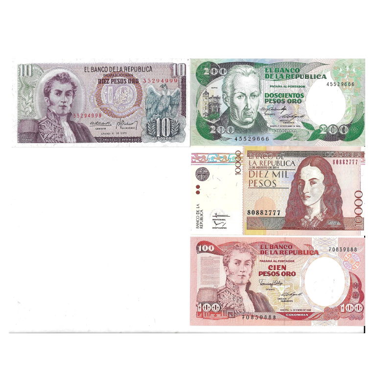 Colombia Set de 10 Billetes (Diferentes estados) (Billete de 10 pesos falso) (Serial Colas Consecutivas)