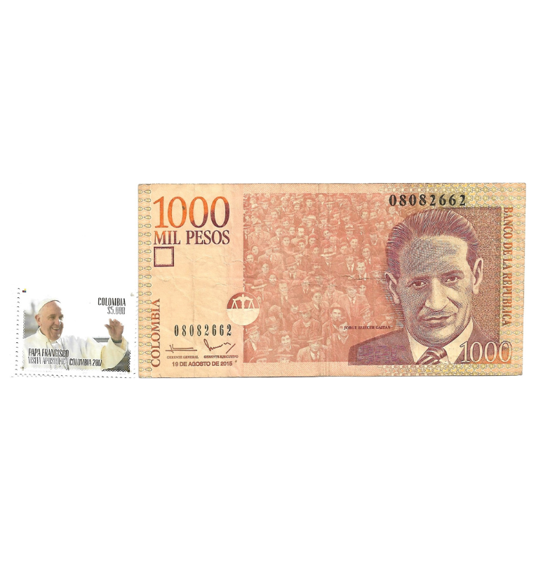 Colombia 1.000 Pesos 2015 NO UNC . Estampilla visita  Papa Francisco 2017