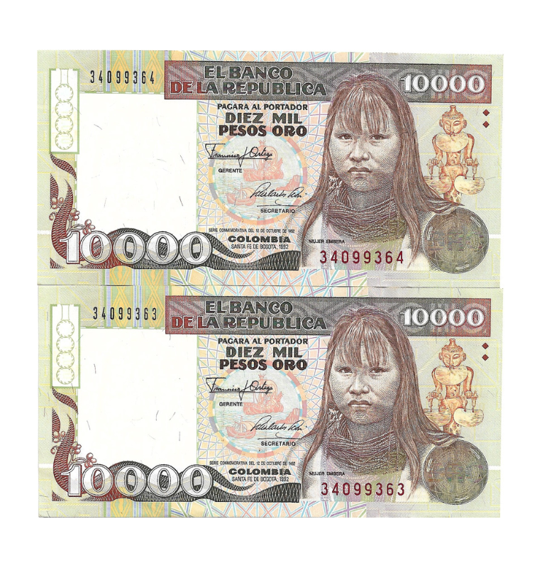 Colombia 10.000 Pesos Oro 1992 Embera. Pareja Consecutiva. (Estado 9.8)