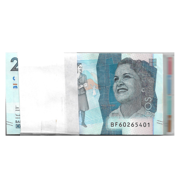 Fajo Colombia 2.000 Pesos con Bandalate en el ultimo billete
