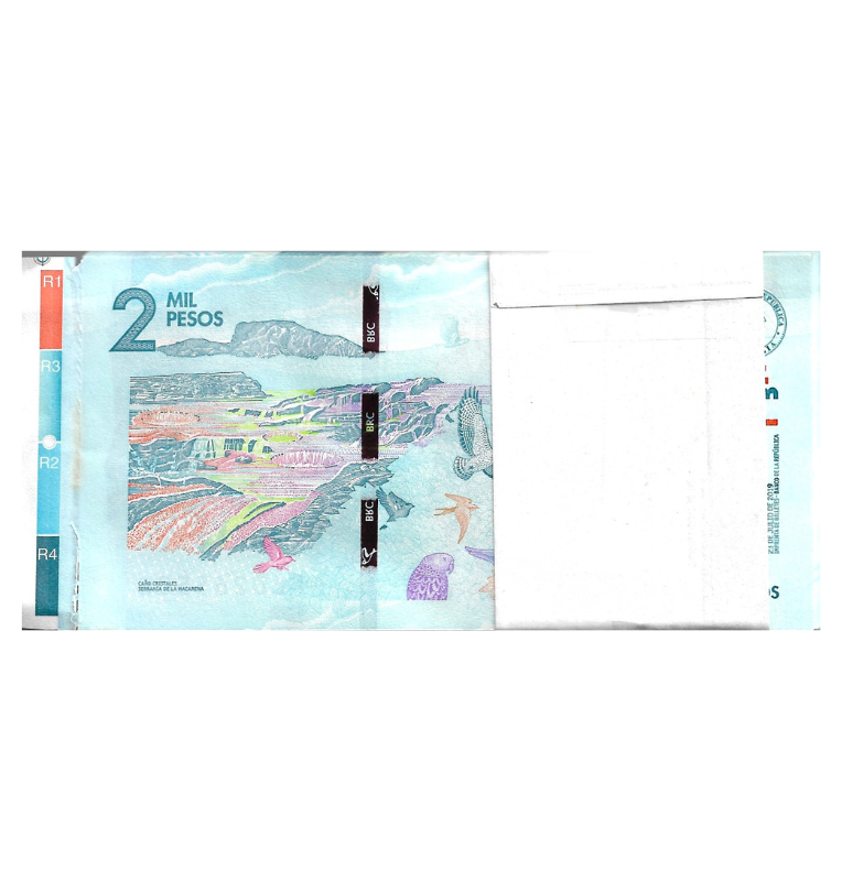 Fajo Colombia 2.000 Pesos con Bandalate en el ultimo billete